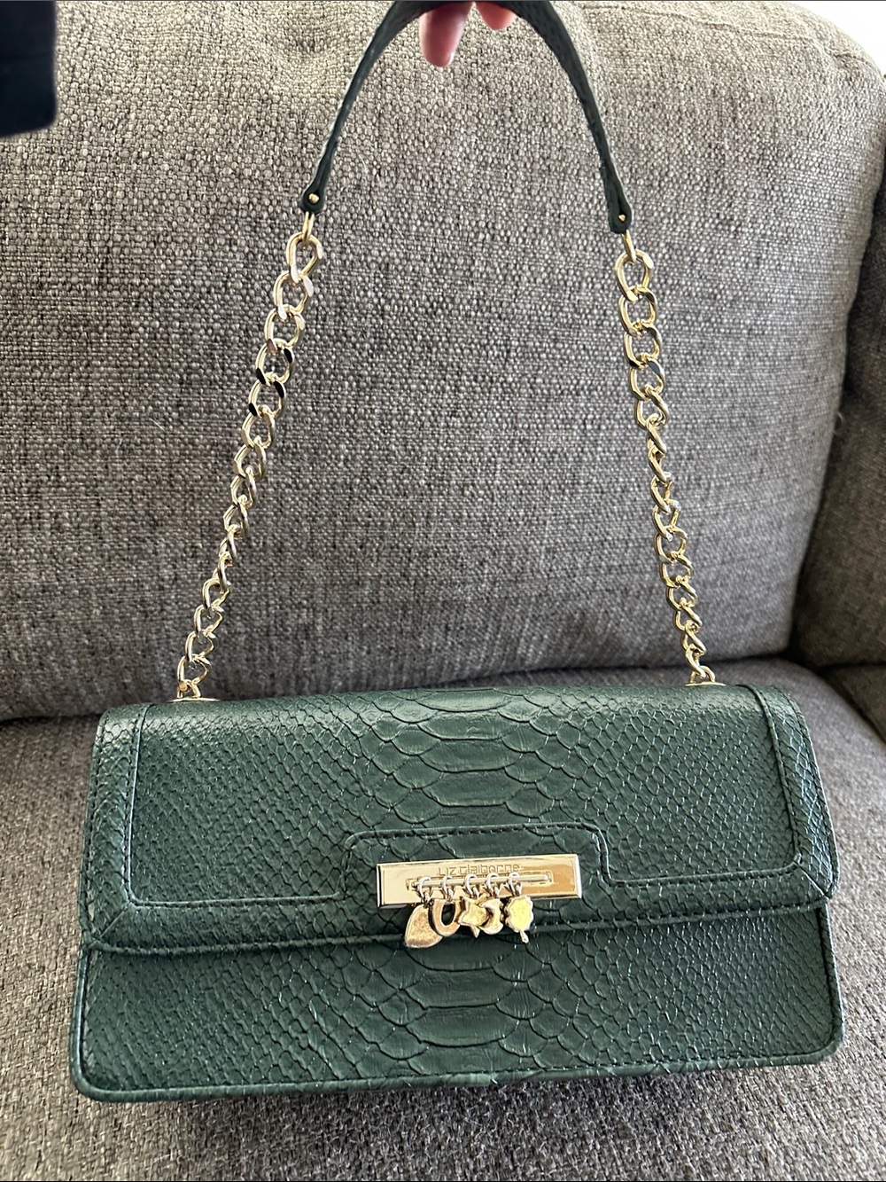 Liz Claiborne Forest Green Textured Shoulder Bag with Gold Chain